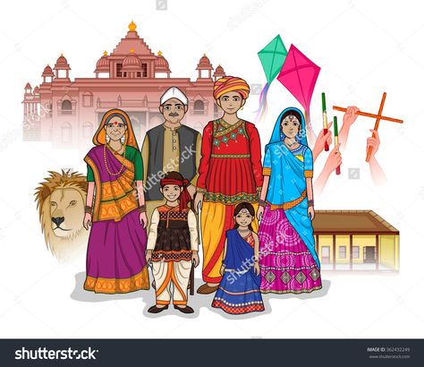 stock-vector-vector-design-of-gujrati-family-showing-culture-of-gujrat-india-362432249 Gujrat Traditional Dress, Gujrat Illustration, Gujarat Culture, India Traditional Dress, Memory Illustration, Dolphin Logo, Drawing Themes, Tom Tierney, Food Illustration Design