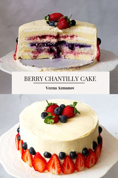 This berry Chantilly cake topped with Chantilly cream is a must-try. Sweet blueberry and strawberry fillings are sandwiched between two layers of light and airy sponge cakes topped with an irresistible Mascarpone Chantilly cream. This mouthwatering cake is sure to become a staple in your dessert recipes. Plus, it's much easier to make than it looks. Chantilly Frosting, Chantilly Cake Recipe, Blueberry And Strawberry, Berry Chantilly Cake, Chantilly Cake, Sponge Cakes, Impressive Desserts, Mascarpone Cream, Chantilly Cream