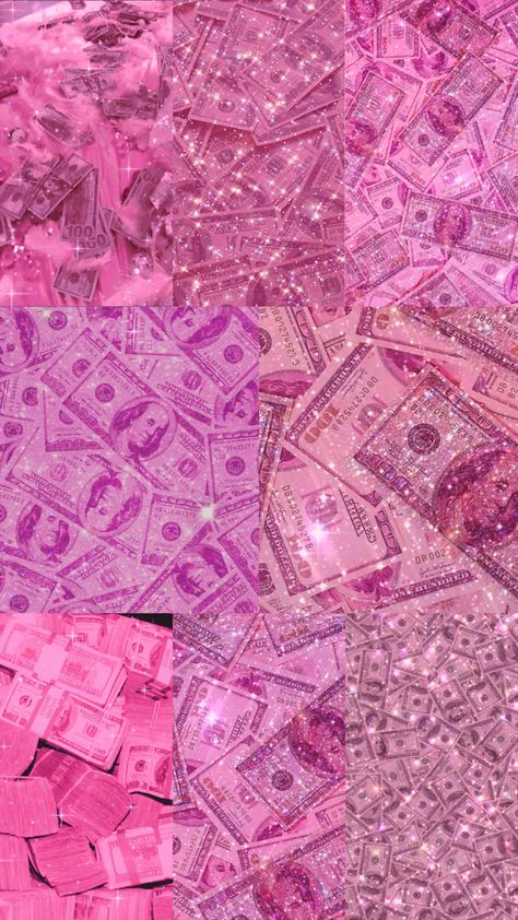 A collage of pink glitter aesthetic photos of money Pink Money Aesthetic Wallpaper, Pink Money Aesthetic, Aesthetic Themes For Iphone, Themes For Iphone, Money Aesthetic Wallpaper, Glitter Filter, Pink Money, Waves Wallpaper Iphone, November Wallpaper