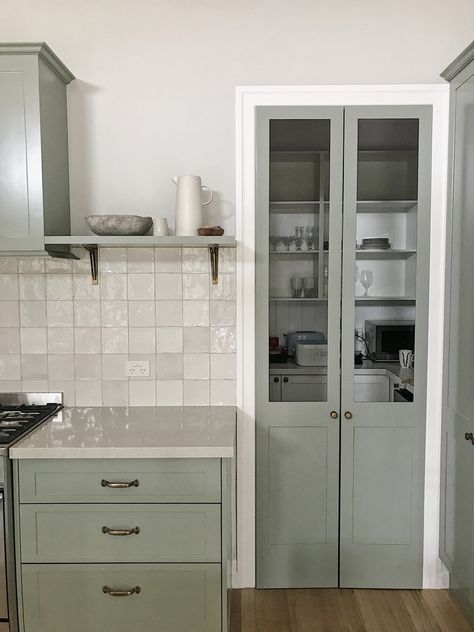 Kitchen joinery painted in Porter’s Paints Olive Grove. Olive Painted Kitchen Cabinets, Cotswold Green Cabinets, Dulux Overtly Olive Kitchen, Olive Grove Porters Paint, French Green Porters Paint, Porters Paints Olive Grove, Olive Grove, Rustic French Country Kitchen, Olive Green Kitchen