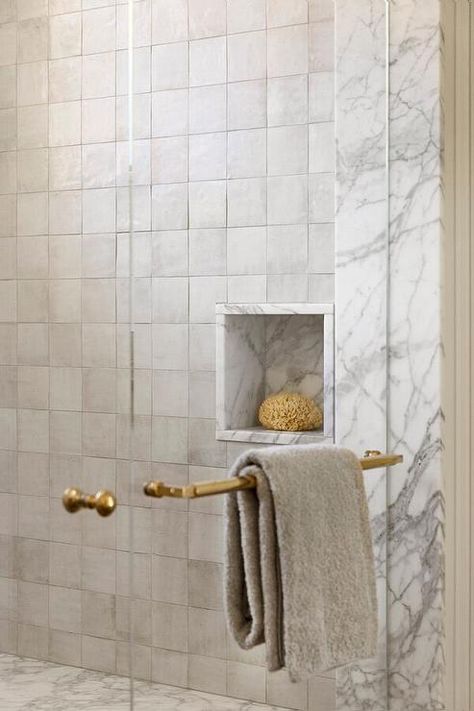 Alex Adamson Design, Master Bathrooms Organic, Shower Valve Placement Ideas, Mixing Tile In Bathroom, Gatsby Inspired Home Decor, Organic Small Bathroom, Marble Niche, Limestone Bathroom, Brass Door Knob