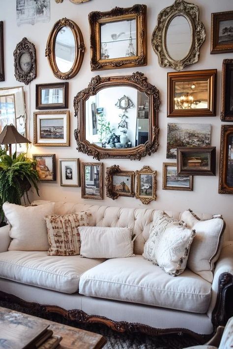 "Create depth and light with a stunning DIY Mirror Gallery Wall! 🖼️✨ #DIYHomeProjects #MirrorDecor #HomeInspiration" Many Mirrors On Wall, Old Fashioned Gallery Wall, Hanging A Mirror On A Wall Tips, Wall Of Gold Mirrors, Antique Mirror Above Couch, Gallery Wall Mirrors And Pictures, Gallery Mirror Wall, Photo Wall Collage With Mirror, Old Money Gallery Wall