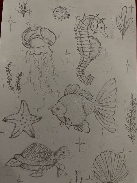 Under The Sea Sketchbook, Under The Ocean Drawing, Marine Life Sketches, Sea Horse Drawings, Sea Animals Drawing Sketch, Under Sea Drawing, Ocean Fish Drawing, Sea Animal Sketches, Sea Animal Drawings