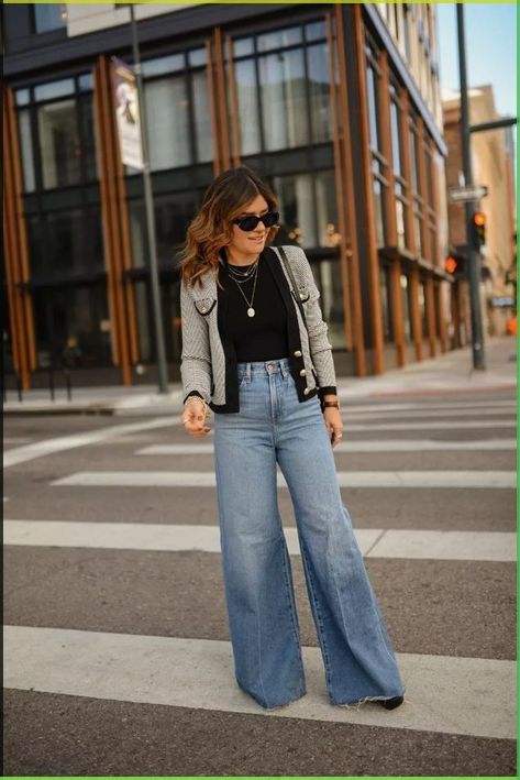 Spring Outfits Ideas For Women, Denim Blazer Outfit Womens Fashion, Pantalones Mom, Cardigan Outfit Ideas, Wide Leg Jeans Outfits, Wide Leg Outfit, Palazzo Jeans, Style Wide Leg Jeans, Wide Leg Jeans Outfit