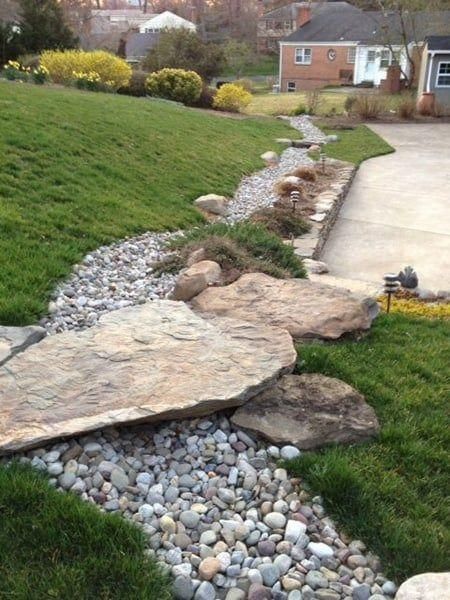 water-feature-river-rock-7 Dry Riverbed Landscaping, Dry Creek Bed, River Rock Landscaping, Creek Bed, Rock Garden Landscaping, Dry Creek, Sprinklers, Ponds Backyard, Landscaping Tips