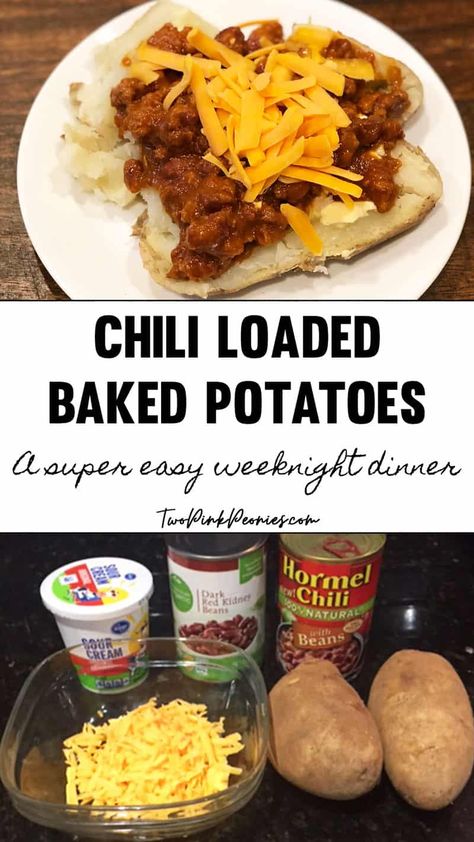 Chili Baked Potato, Baked Potato Dinner, Simple Chili, Russet Potato Recipes, Pantry Meals, Stuffed Baked Potatoes, Easy Peasy Recipes, Potato Dinner, Main Course Dishes