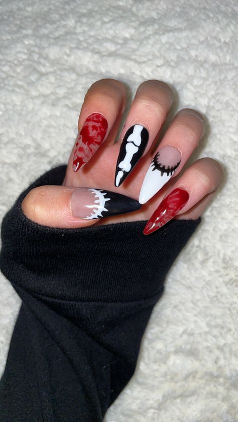 3d Bone Nails, Halloween Blood Splatter Nails, Little Red Riding Hood Nails, Black Nails With Blood Drip, Bone Nail Art, Red Halloween Nails Design, Gory Halloween Nails, Bones Nails, Blood Halloween Nails