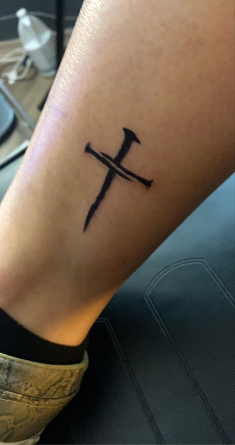 Cross With Nails Tattoo, Cross Of Nails Tattoo, Three Nails Cross Tattoo, Male Cross Tattoos, Three Nails Tattoo, Cross Calf Tattoo Men, Calf Tattoo Men Simple, 3 Nails Cross Tattoo, 3 Nails Tattoo