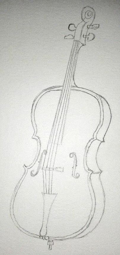 Cello Sketch Drawing, Cello Art Paintings, Wednesday Cello Drawing, How To Draw A Cello Step By Step, Cello Drawing Simple, Cello Art Drawing, Cello Drawing Reference, How To Draw A Violin, Violin Painting Easy