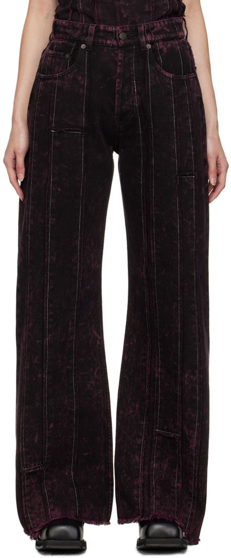 Find Acne Studios Burgundy Loose Fit Jeans on Editorialist. Wide-leg garment-dyed non-stretch denim jeans. Bleached effect and frayed edges throughout. · Paneled construction · Belt loops · Five-pocket styling · Button-fly · Contrast stitching in white Supplier color: Black/Wine red Bleach Dyed Jeans, Bleach Jeans, Bleach Pants, Dyed Jeans, Red Denim Jeans, Denim Washes, Grunge Jeans, Unique Jeans, Distressed Pants