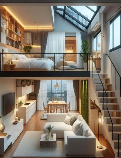 Guest House With Loft, Luxury Tiny House Interior, Small Loft House Design, Modern Tiny House Interior, Tiny Houses Ideas, Tiny Home With Loft, Adu Ideas, Build A Tiny House, Small House Living