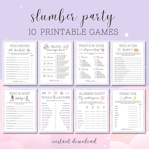 This Party Games item by fileprintboutique has 66 favorites from Etsy shoppers. Ships from United States. Listed on Jun 10, 2024 Printable Sleepover Games, Slumber Party Checklist, Slumber Party Scavenger Hunt, Sleepover Games For Girls Kids, Hotel Slumber Party Ideas, Sleepover Schedule, Slumber Party Ideas For Teens, Games For Girls Sleepover, Sleepover Themes