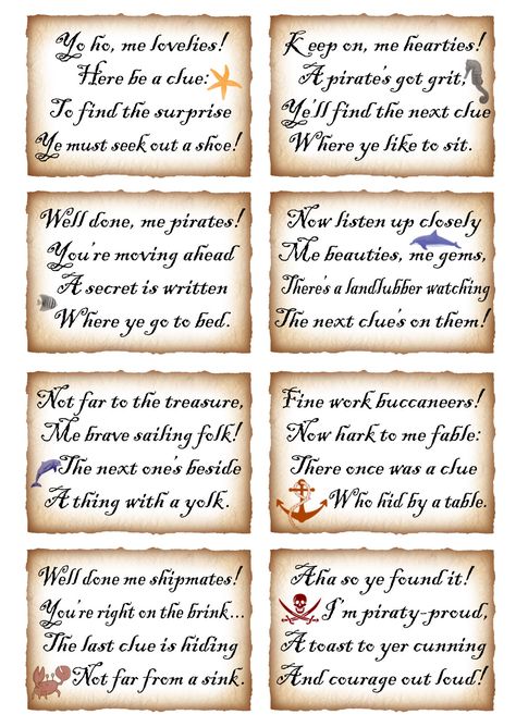 This week we’ve put together two sets of rhyming clues for treasure hunts.  One is a pirate theme, the other is for mermaids.  They make a great activity for birthday parties or any other fam… Pirate Scavenger Hunts, البحث عن الكنز, Scavenger Hunt Riddles, Treasure Hunt For Kids, Scavenger Hunt Birthday, Treasure Hunt Clues, Scavenger Hunt Clues, Christmas Scavenger Hunt, Pirate Theme Party