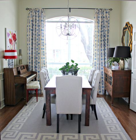 Hi Sugarplum | Dining Room Drapes Dining Room With Piano, Dining Room Drapes, Room Feng Shui, Small Dining Room, Piano Decor, Eclectic Dining Room, Metal Building Home, Eclectic Dining, Dining Room Curtains