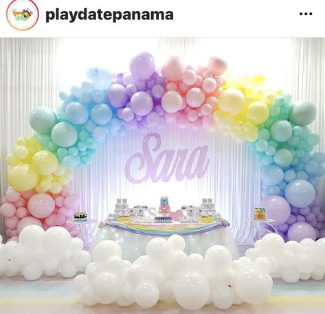 Unicorn Birthday Party Ideas Decoration Rainbow Theme, First Birthday Rainbow Theme Decoration, Unicorn Theme Decoration Ideas, Rainbow Birthday Balloons, Care Bears Balloon Decorations, Care Bear 2nd Birthday Party, Rainbow Theme 1st Birthday Party, Rainbow Theme Birthday Decorations, Care Bear Balloon Arch