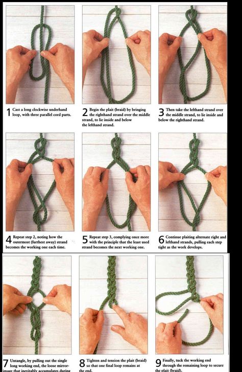 braid with one rope - I can see some jewelry/bracelet applications How To Braid, Spool Knitting, Paracord Knots, Rope Diy, Knot Braid, Paracord Projects, Crochet Rope, Rope Crafts, Macrame Knot