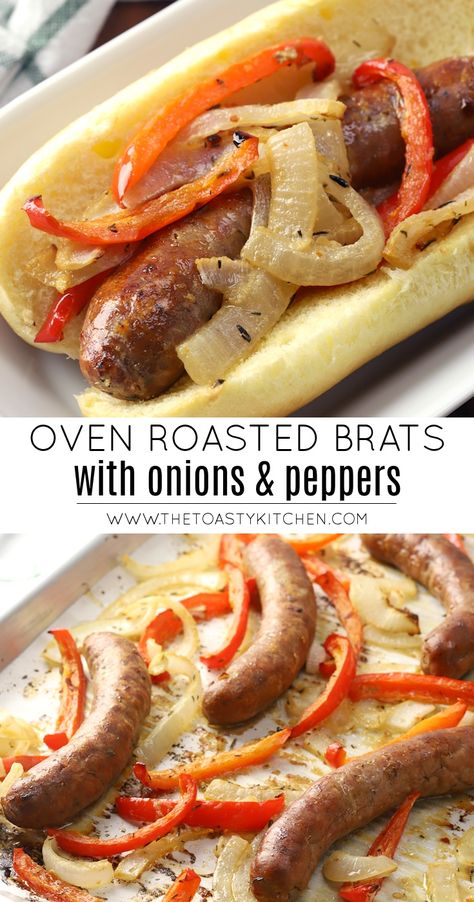 Oven roasted brats with onions and peppers is an easy weeknight sheet pan meal. Bratwurst, onions, and red bell pepper are tossed in a tangy herb dressing and roasted in the oven. Bratwurst Oven, Recipe Peppers, Baked Bratwurst, Bratwurst Dinner, Brats Recipes, Bratwurst Recipes, Herb Dressing, Baked Dinner, Summer Grilling Recipes