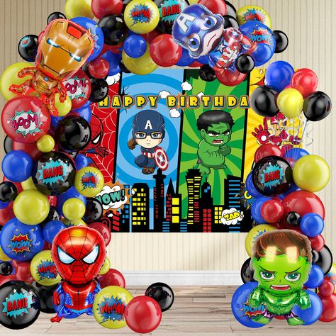 PRICES MAY VARY. Superhero Balloon Garland Arch Kit Birthday Party Supplies Set: 16pcs 12inch solid color balloons,20pcs 12inch Superhero pattern balloons,40pcs 10inch balloons,40pcs 5inch balloons,4pcs large size Superhero foil balloons,1pc balloon strip,1pc roll glue dots,1Pc 59*39.4 inch Superhero Happy Birthday Backdrop Banner. High quality: Our balloons are made of safe high quality latex materials and are extra thick. Different from ordinary balloons, they are fuller in color and not easy Superhero Balloon Backdrop, Marvel Backdrop Birthday, Superhero Birthday Backdrop, Avengers Theme Backdrop, Super Hero Photo Backdrop, Superhero Party Decor, Superhero Pattern, Superhero First Birthday, Superhero Birthday Decorations