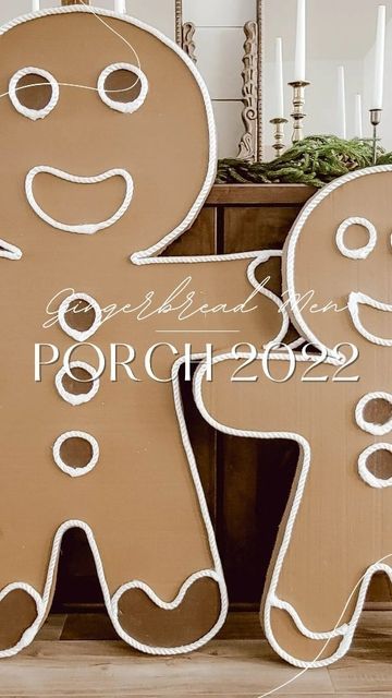 Gingerbread Outdoor Christmas Decorations, Gingerbread Christmas Front Door, Natal, Diy Yard Gingerbread Man, Diy Wooden Gingerbread Men, How To Make Large Candy Canes, Diy Big Gingerbread Man, Front Porch Christmas Decor Gingerbread, Ginger Bread Diy Decorations