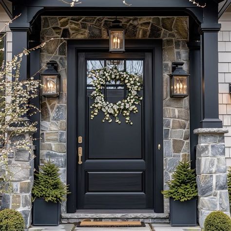 AI Generated- Front Exterior Doors Design Inspiration 101-3: Black Front Door W. Easter Decor - Adeline Residential Designs Front Exterior Doors, Exterior Double Front Doors, Front Door Transformation, Craftsman Front Door, Front Door Accessories, Black Exterior Doors, Exterior Door Designs, Black Front Door, House Front Door Design