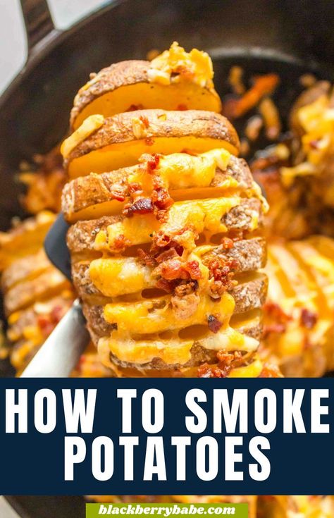 a closeup photo of a smoked potato topped with cheese and bacon Smoker Potatoes, Easy Smoker Recipes, Pellet Smoker Recipes, Smoked Potatoes, Dinner Recipes Healthy Family, Hasselback Potatoes, Grilling Sides, Pellet Grill Recipes, Traeger Recipes