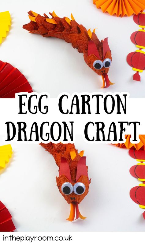 Egg Carton Dragon Craft For Chinese New Year - In The Playroom Egg Box Dragon, Year Of The Dragon Activities For Toddlers, Chinese New Year Crafts For Toddlers Easy, Egg Carton Dragon Craft, Egg Carton Dragon, Chinese New Year Paper Lanterns, Egg Crate Crafts For Kids, Chinese New Year Dragon Craft, Dragon Crafts For Kids