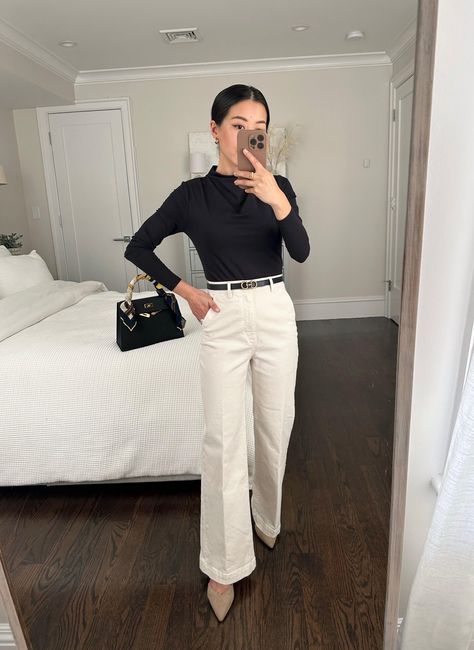 Cream Trousers Outfit, Petite Winter Outfits, Cream Pants Outfit, Black Mock Neck Top, Business Casual Outfits Winter, Slacks Outfit, Black Top Outfit, Classic Work Outfits, Pants Outfit Work