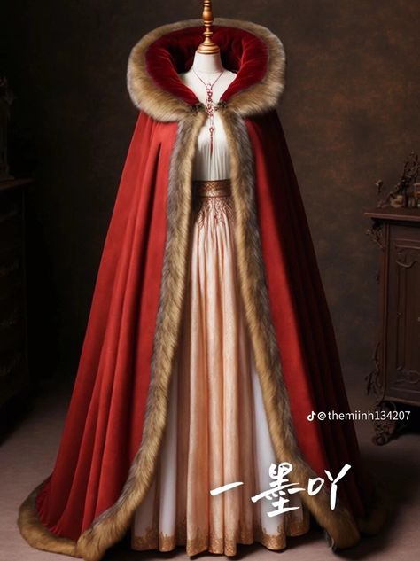 Red Cloak Outfit, Royal Cape Queens, Red Cape Aesthetic, Red Cape Costume Ideas, Rennaissance Dress, White Medieval Dress, Red Cape Costume, Royal Cape, Cape Wedding Dress