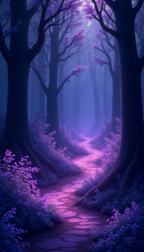 A breathtaking depiction of a mystical enchanted forest enveloped in a captivating purple aura, where ethereal trees intertwine with delicate luminescent plants. The light filters through the foliage, casting enchanting shadows and highlighting the serene pathways. This 4K quality image is perfect for anime nature enthusiasts. Enchanted Forest Purple, Purple Enchanted Forest, Fairy Core Aesthetic, Anime Nature, Purple Forest, Purple Aura, Light Filters, Forest Background, Mystical Forest