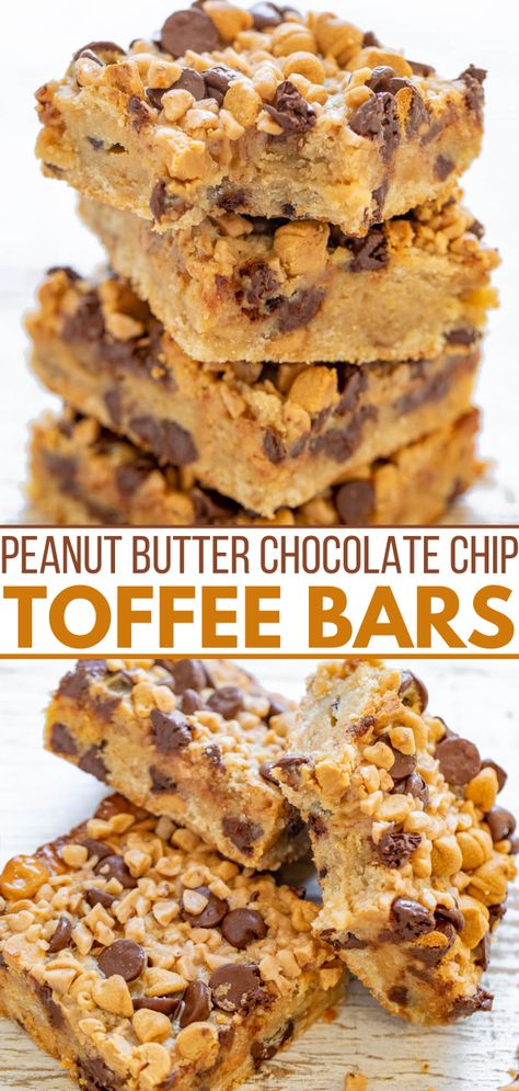 Peanut Butter Chocolate Chip Toffee Bars - Averie Cooks Cookie Recipes Using Peanut Butter Chips, Chocolate And Butterscotch Chip Cookies, Peanut Butter Toffee Bars, Chocolate Chip Toffee Bars, Sweet Slices, Toffee Chips, Easy Bar, Averie Cooks, Toffee Bars