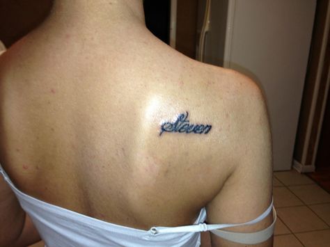 True love tattoo Stevens name on my shoulder  November 2013 Steven Tattoo Name, Name On Shoulder Tattoo, Steven Name, True Love Tattoo, Love Tattoo, Back Of Shoulder Tattoo, Name Tattoo, Name Tattoos, Love Tattoos