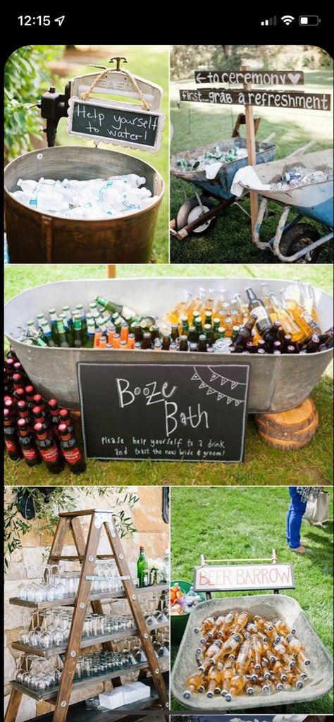 Drink Station Ideas, Outdoor Wedding Foods, Bbq Wedding Reception, Backyard Bbq Wedding, Wedding Alcohol, Wedding Decorations Ideas, Wedding Drink Station, Elopement Party, Diy Backyard Wedding