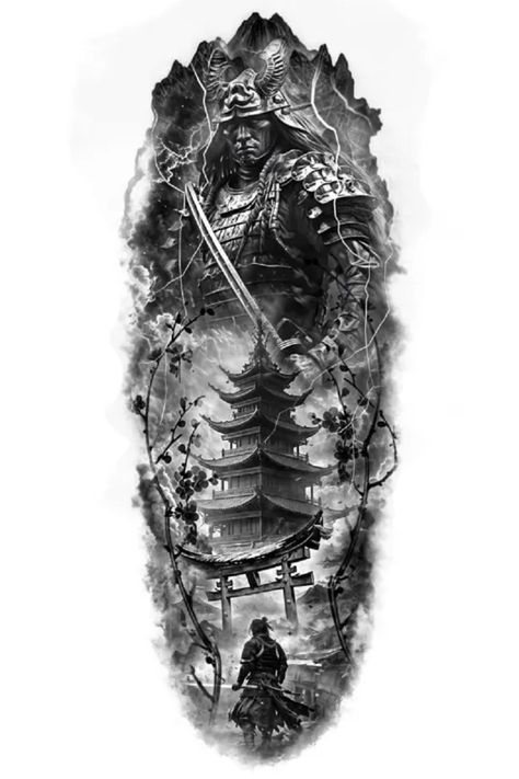 Custom tattoo design - a reflection of your individuality and style, waiting to be etched into reality. Japanese Tattoo Art Half Sleeve, Asian Mountain Tattoo, Samurai Temple Tattoo, Full Leg Tattoo Men Japanese, Japanese God Tattoo, Japanese Tattoo Sleeve Men, Japanese Fu Dog Tattoo Design, Samurai Tattoo Forearm, Japanese Sleeve Tattoo Design