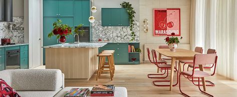 Colourful Kitchen, Outdoor Artwork, Teal Kitchen, Embroidered Cushions, Stylish Home Decor, The Bedroom, Pink And Red, Unique Furniture, Kitchen Living