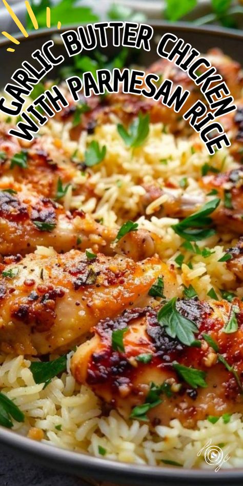 Garlic Butter Chicken with Parmesan Rice Garlic Butter Chicken And Parmesan Rice, Essen, Garlic Butter Chicken Sides, Chicken With Parmesan Rice, Chicken And Parmesan Rice, Garlic Butter Chicken With Parmesan Rice, Homemade Chicken Parmesan Recipe, Parmesan Rice Creamy, Simple Recipes With Chicken