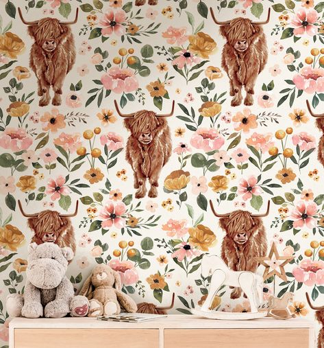 Cows And Flowers Nursery, Cow Wallpaper Bedroom, Western Floral Nursery, Highlander Cow Wallpaper, Pink Highland Cow Nursery, Southwestern Nursery Girl, Fluffy Cow Nursery, Highland Cow Themed Room, Highland Cow Nursery Ideas