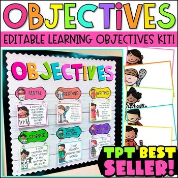 Use this kit to create a beautiful and low maintenance objectives bulletin board! I created this bulletin board because I was TIRED of handwriting all my objectives on my board every single day! This resource saves so much time throughout the year! What's Included?Ready to Print Headers: Pre-made fo... Objectives Board Elementary, Preschool Objectives, Posting Learning Objectives, Objectives Bulletin Board, Learning Objectives Display, Objective Bulletin Board, Objectives Display, Objectives Board, Classroom Organization Elementary