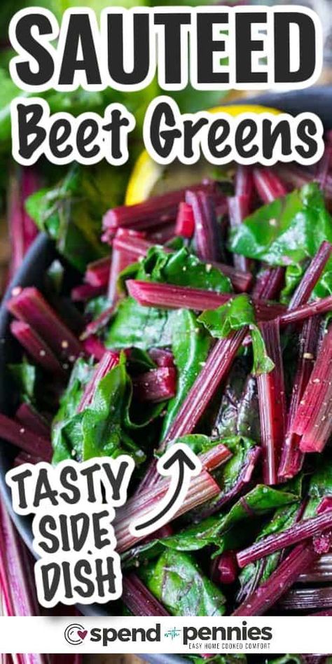 Looking for more ways to enjoy beet greens? Beet greens can generally be enjoyed in place of any greens in a recipe... here are a few favorites! Make a beet green pesto perfect for topping pasta or veggies! Make pasta with sausage and add beet greens for a recipe that the whole family will devour! Or make simple seasoned sauteed beet greens as a side dish.#beetgreens #sauteedbeetgreens #beetgreensrecipe #spendwithpennies Cooking Beet Greens, Beet Green Pesto, Beet Leaf Recipes, Beet Stems, Beet Greens Recipe, Tasty Oven, Beet Green Recipes, Side Veggies, Sauteed Beet Greens