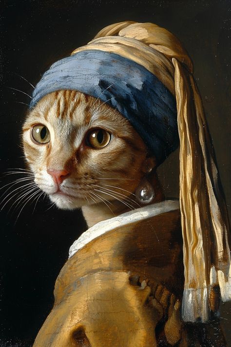 Appropriation Art, Cute Cat Illustration, Johannes Vermeer, Cat Photography, Cat Portraits, Cat Painting, Cat Illustration, Custom Pet Portraits, Cat Drawing