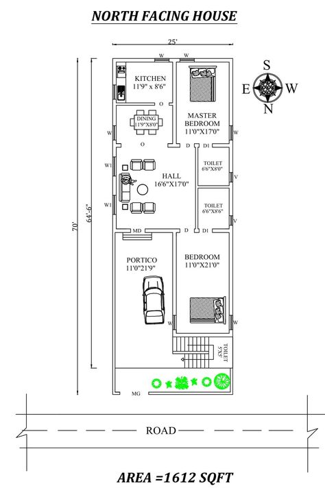 AutoCAD DWG file shows 25'X70' Amazing North facing 2bhk house plan as per Vastu Shastra. The Buildup area of this house plan is 1612 sqft. The master bedroom is in the southwest direction with the attached toilet in the West and the children's bedroom is in the northwest direction and the attached toilet is in the west direction. kitchen is placed in the southeast, Dining room available in the east. Hall and portico are available in the northeast direction. Staircase placed in the northwest dir 25x70 House Plan, 25×50 House Plan, 20 50 House Plan, 40x60 House Plans, 10 Marla House Plan, Old House Design, 20x30 House Plans, Plan Journal, West Facing House