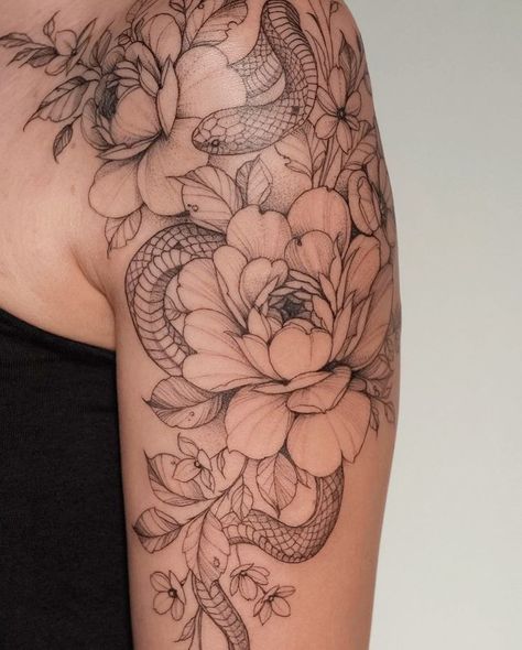 Floral, Tattoos, Tattoo Ideas, Snake And Flowers Tattoo, Snake And Flowers, Floral Tattoo Shoulder, Tattoo Shoulder, Flowers Tattoo, Snake Tattoo