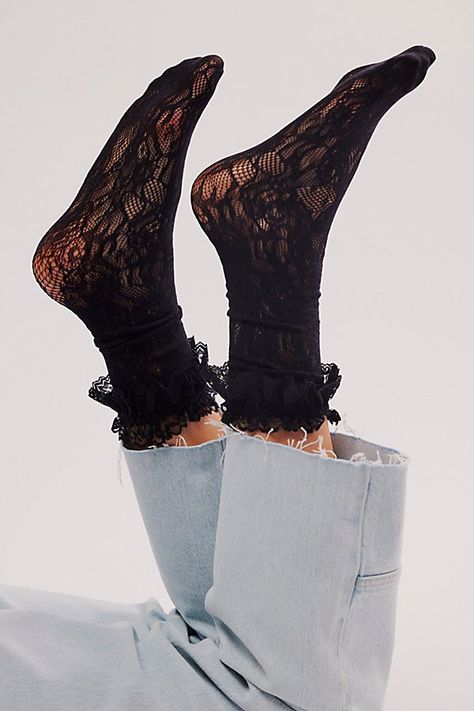 Just as effortless as they are essential, these so cool socks are featured in a mid-calf rise and sheer lace fabrication with ruffled top trim for a special finishing touch. **Features:** Sheer mesh lace fabrication, defined rifle detail at top, scrunch-able style **Why We ❤ It:** The ideal blend of sweet and sultry, these go-with-anything socks are sure to make the perfect subtle touch when paired with absolutely any style. | Embrace Lace Tall Socks at Free People in Black Black Heels With Socks, Free People Socks, Wardrobe List, Lace Boot Socks, Fancy Socks, Coquette Clothing, Socks Lace, Frilly Socks, Tall Socks