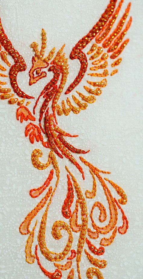 Phoenix embroidery | Phoenix embroidery I made for my partne… | Flickr Phoenix Embroidery Design, Chinese Phoenix Embroidery, Phoenix Bird Embroidery, Phoenix Embroidery Pattern, Fire Embroidery Designs, Phoenix Quilt, Fire Embroidery, Phoenix Embroidery, Phoenix Fashion