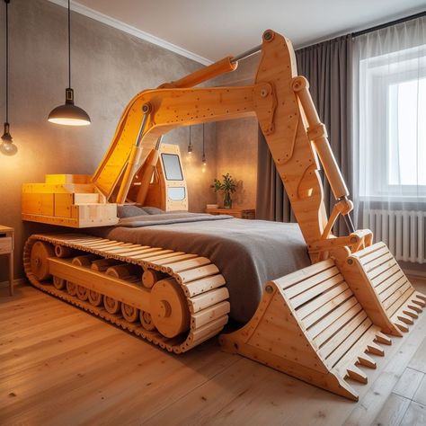 Transform Your Bedroom into a Construction Zone with a Unique Excavator Bed Excavator Bed, Traditional Bed Designs, Unusual Bedside Tables, Construction Bedroom, Creative Beds, Beds For Kids, Tv Unit Furniture Design, Tv Unit Furniture, Construction Zone