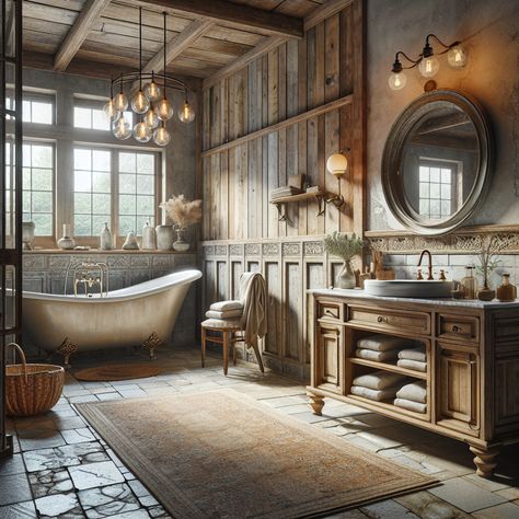 A grand wooden vanity with a marble countertop holds an old-fashioned porcelain sink. Above the sink hangs a vintage metal framed mirror. The walls are adorned with weatherworn wood panels, adding to the room's age-old charm. A woven basket holds fresh, fluffy towels, and an exposed bulb pendant light hanging from a high ceiling illuminates the room in a warm glow. Lastly, an elegant rug adds a touch of color to this tranquil setting. Luxury Vintage Bathroom, Rustic Bathroom With Clawfoot Tub, Bathrooms With Clawfoot Tubs, Bathroom Clawfoot Tub, Rustic Master Bath, Rustic Bathtubs, Rustic Master, Double Glass Doors, Domestic Bliss