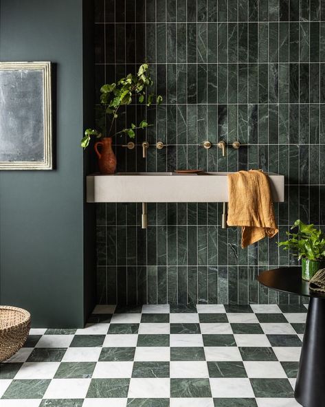 Timeless Bathroom Design, Dark Green Bathrooms, Green Tile Bathroom, Honed Marble Tiles, Mandarin Stone, Green Tiles, Dark Bathrooms, Timeless Bathroom, White Bathroom Tiles