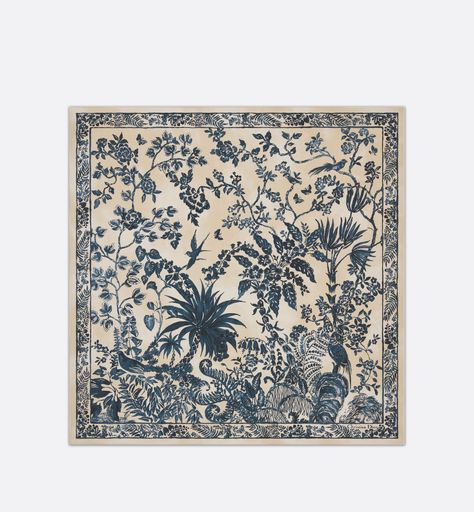 The square scarf showcases the Dior Idylle print, inspired by an Art Deco folding screen with an opulent design of tropical birds, butterflies, palm trees and graceful flowers. Crafted in ivory and navy blue silk twill, the design features hand-rolled edges and is embellished with the Christian Dior signature. The square scarf can be worn around the neck or tied at the head to complete a Dior look.. Denim Swimsuit, Dior Star, Blanket Poncho, Designer Silk Scarves, Dior Jewelry, Folding Screen, Tshirt Skirt, Tropical Birds, Silver Cufflinks