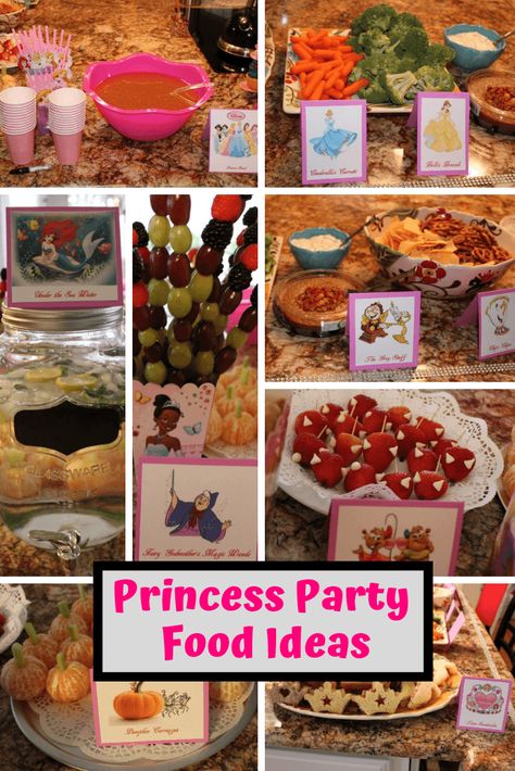 These princess party food ideas are perfect for your next girl's Disney princess birthday party!   This was for my daughter's first birthday party.  #disneyprincessparty #birthdaypartyfood #firstbirthday #partyfoodideas Princess Birthday Party Stations, Easy Princess Party Food, Food Ideas For Princess Birthday Party, Princess Party Finger Foods, Disney Princess Outdoor Birthday Party, Princess 3rd Birthday Party Food, Disney Princess Food Labels, Princess Birthday Party Appetizers, 2nd Birthday Party Princess Theme