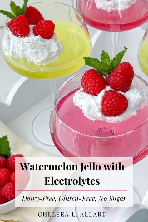 Make a batch of watermelon jello with no added sugar that’s red dye free! Flavored with natural electrolytes, it’s a simple dessert recipe that’s healthy enough to be a fun summer snack for kids, too. This sugar-free jello recipe is a winner all around. Vanilla Jello Recipes, Electrolyte Jello, Homemade Jello With Gelatin, Clear Jello Recipe, Jello Protein, Vegan Jello, Vanilla Jello, Dairy Free Deserts, Homemade Jello