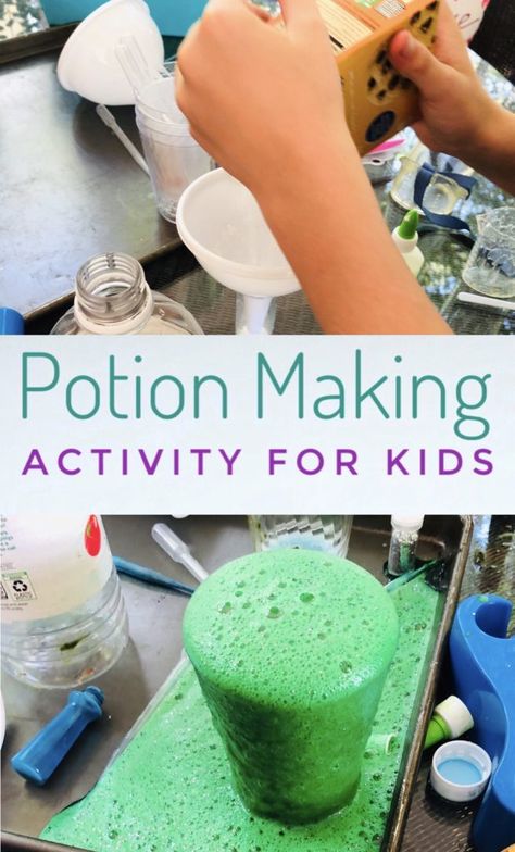 Potions Party Activity for Fun and Messy Play - Kids will love making potions with their friends during this fun science activity! Having a potions party is fun and messy play! #messyplay #scienceexperiments #scienceactivities #playdate Messy Camp Activities, Grossology Activities For Kids, Potion Play For Kids, Diy Potions For Kids, Messy Play Ideas Preschool, Magic Activities For Kids, Messy Crafts For Kids, Potion Making For Kids, Messy Activities For Kids